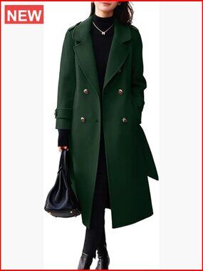 Women's Belted Wool Peacoat Double Breasted Midi Long Trench Coat